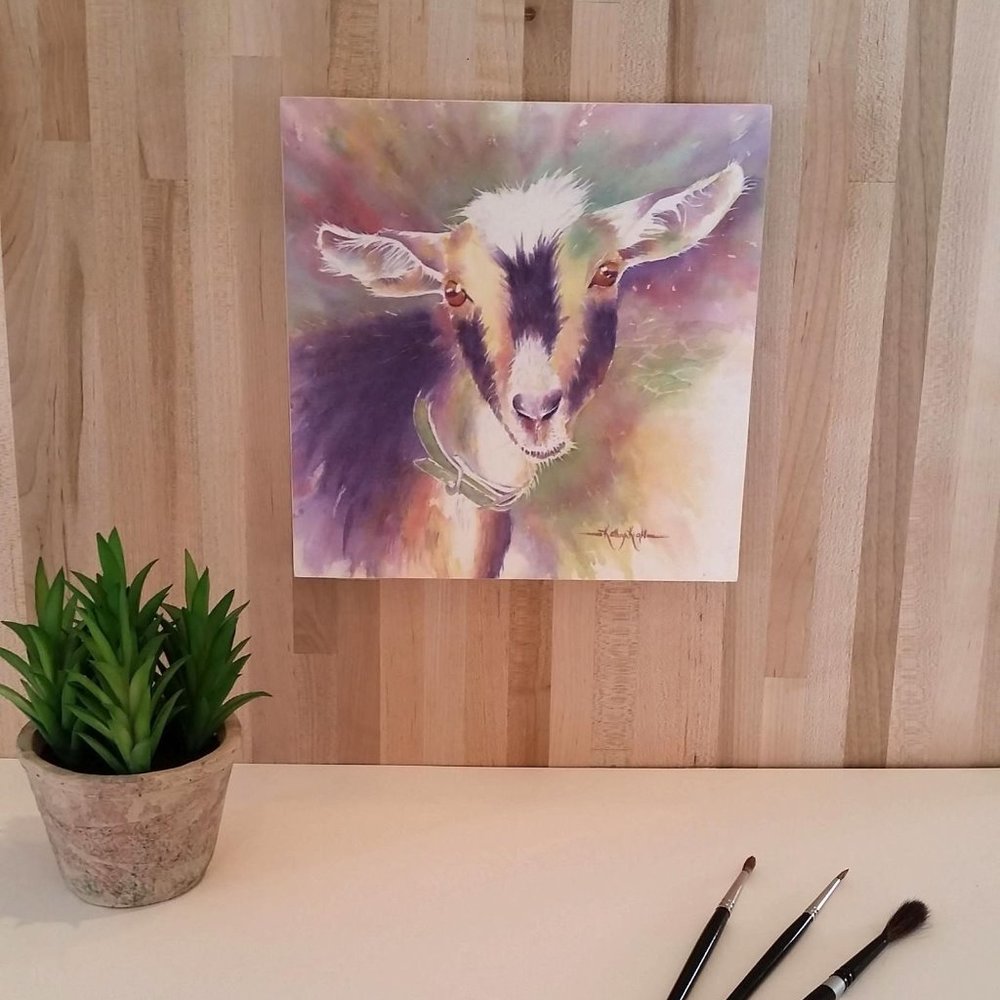 Goat Watercolor Print-Mounted on wood panel